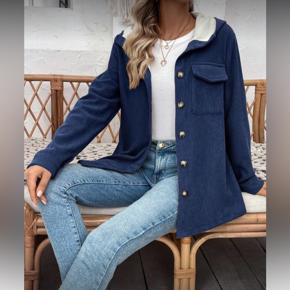 Navy Bkue Corduroy Teddy Lined Women's Jacket - Picture 6 of 7